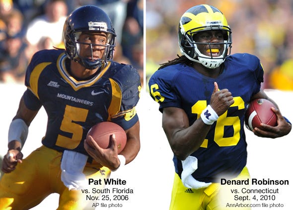 Pat White playing for West Virginia against USF and Denard Robinson playing for Michigan against UConn
