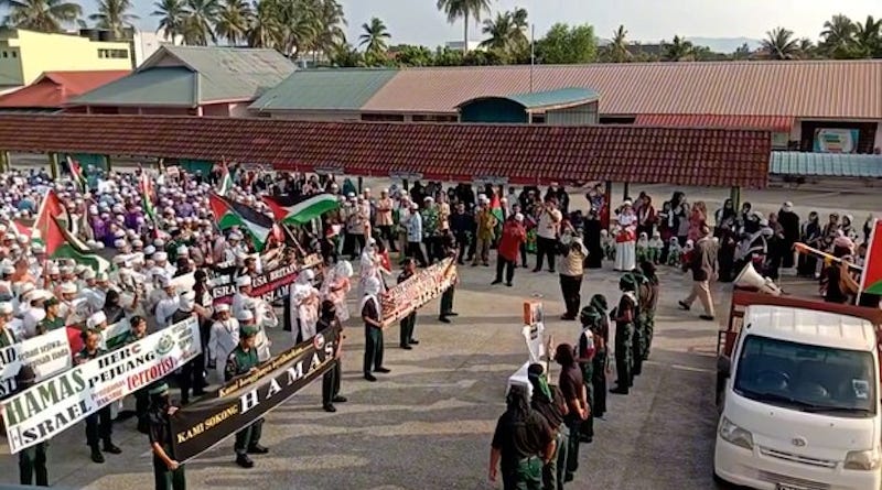 Students and teachers at a public school in Pahang, Malaysia, participate in a pro-Palestinian in this undated screen grab from a social media video. Photo Credit: Social media, Benar News