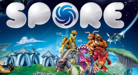 Spore cover art depicting the logo and a bunch of different creatures, all generated from the game.