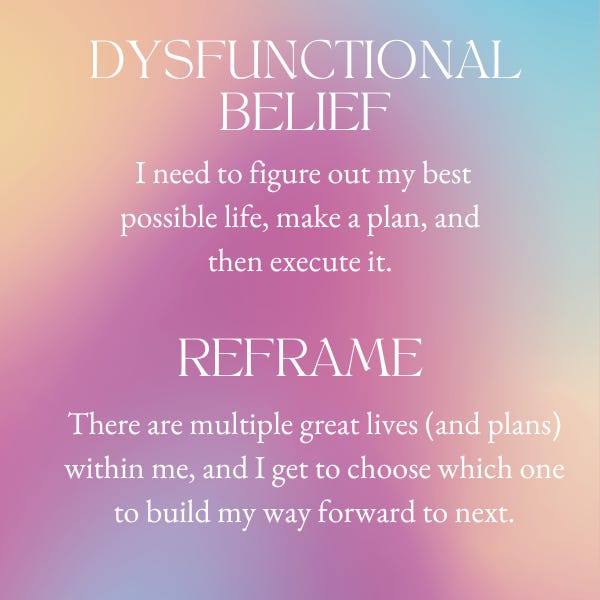 Dysfunctional Belief: I need to figure out my best possible life, make a plan, and then execute it. Reframe: There are multiple great lives (and plans) within me, and I get to choose which one to build my way forward to next, said Burnett and Evans