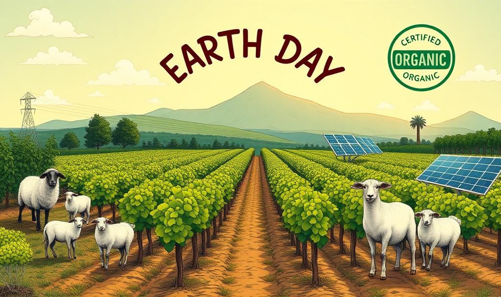 A composite infographic-type Earth Day image centered on wine. Show a vineyard in the center, some sheep at one side, solar panels at another, and an emblem showing Certified Organic