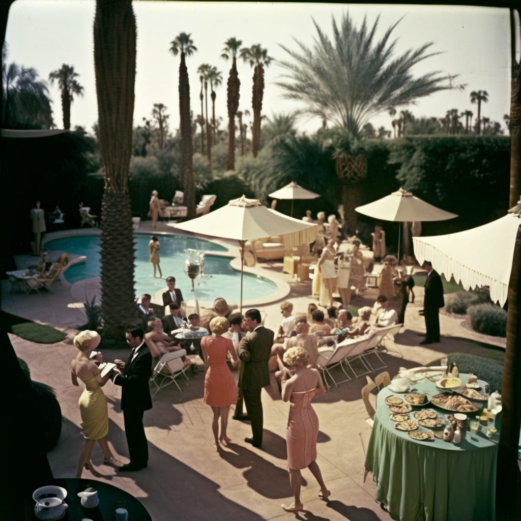 1950s cocktail party at Frank Sinatra's Palm Springs home poolside with stylish young women and men in swim attire smoking cigarettes, drinking cocktails, and eating from relish trays in the evening with the desert sky above and stars in the sky desert landscape surrounds a large pool with palm trees and beach umbrellas and lounge chairs sliding glass doors and big windows smiling faces