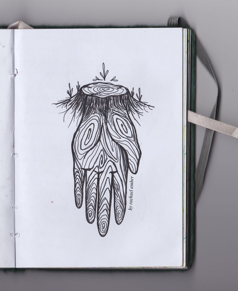 a drawing by Rachael Amber of a hand extending downwards as roots beneath a severed tree stump.