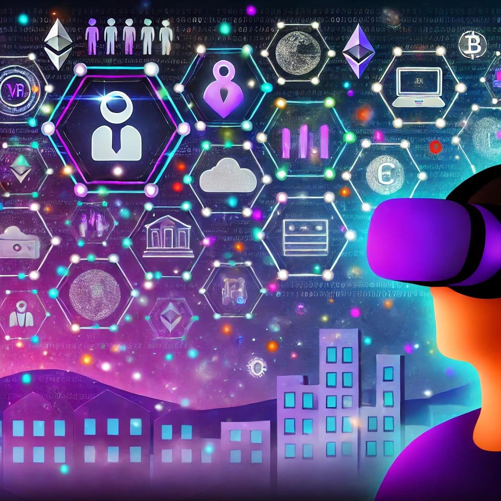 An engaging and futuristic illustration representing the concept of the metaverse. The image features a person wearing a VR headset, looking into a digital world filled with icons representing virtual social interaction, gaming, education, and commerce. In the background, elements like virtual buildings, digital landscapes, and floating symbols of cryptocurrencies and NFTs are visible, showcasing the investment opportunities within the metaverse. The design uses vibrant colors like purples, blues, and neon accents to create a sense of innovation and immersion, emphasizing the evolving and interconnected nature of the metaverse.