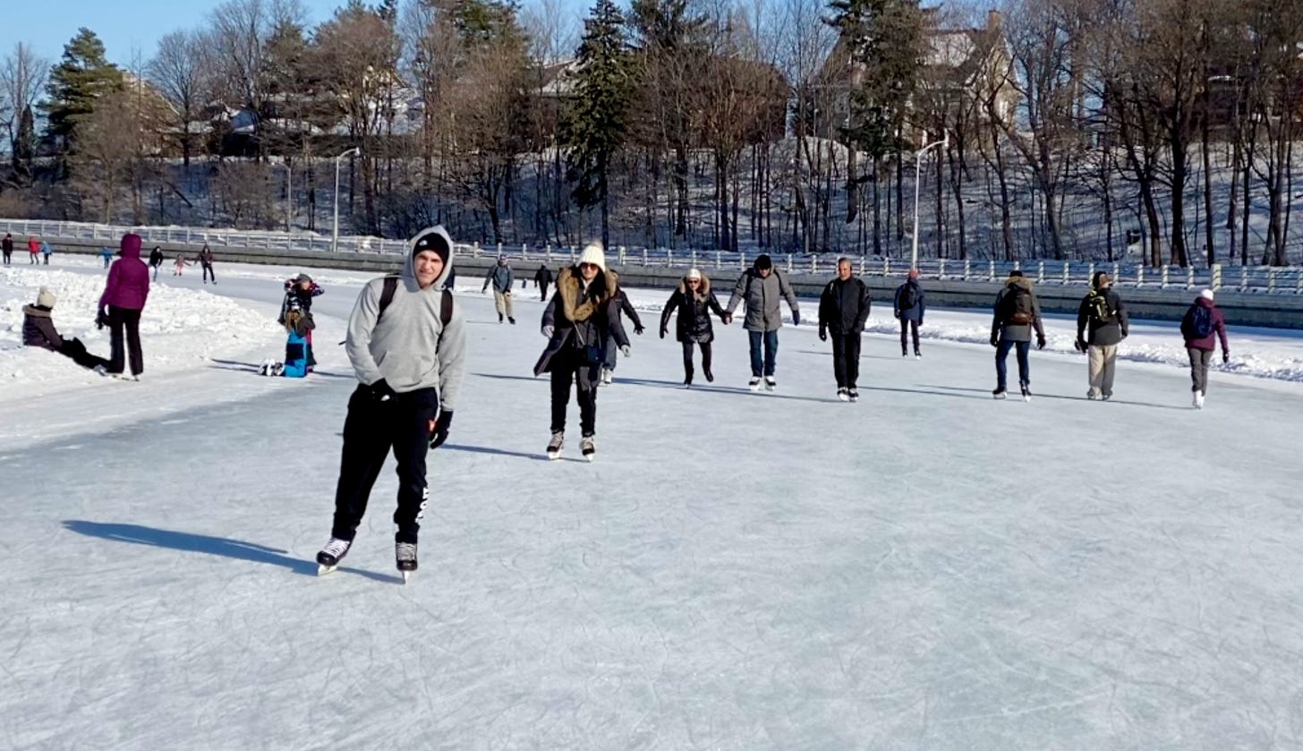 A large number of skaters on the Rideau Canal Skateway, near Pig Island.