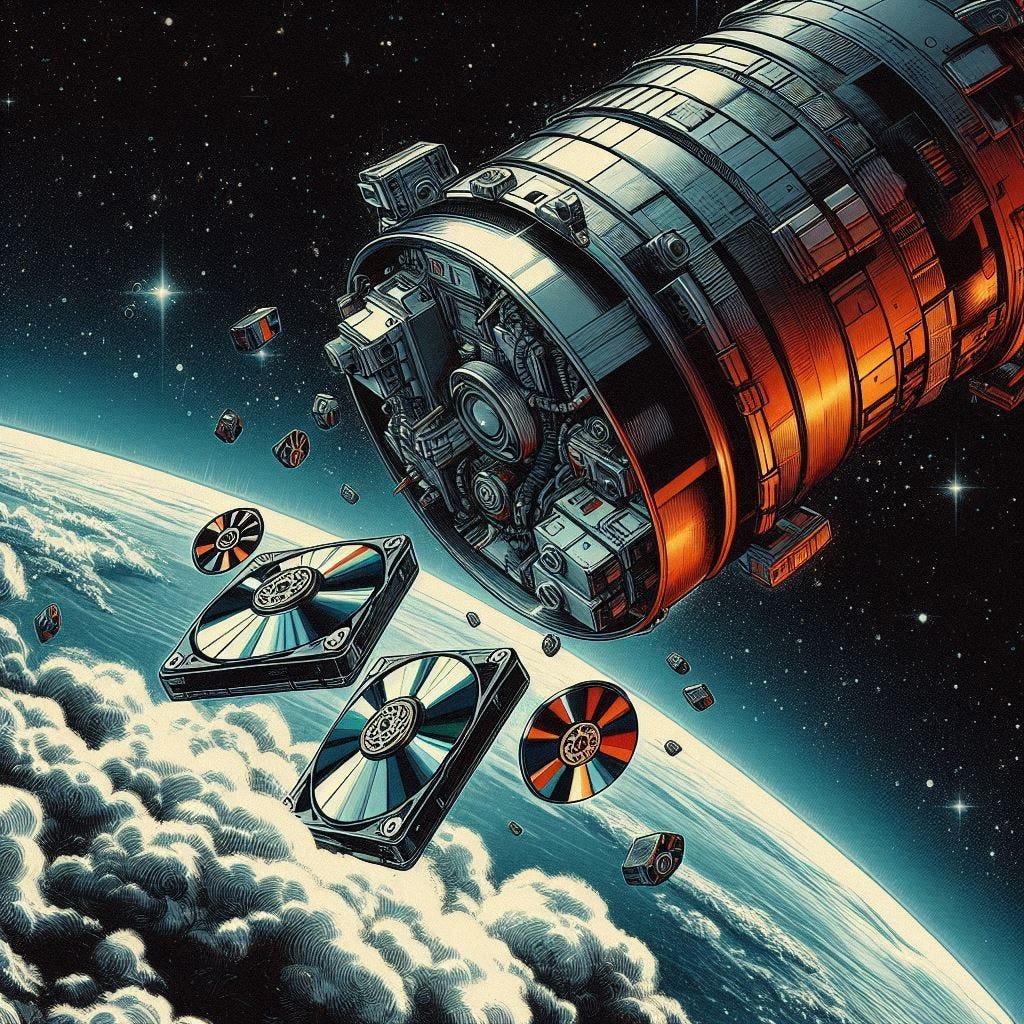 hard drives falling out of a space station down to earth, solarpunk drawing