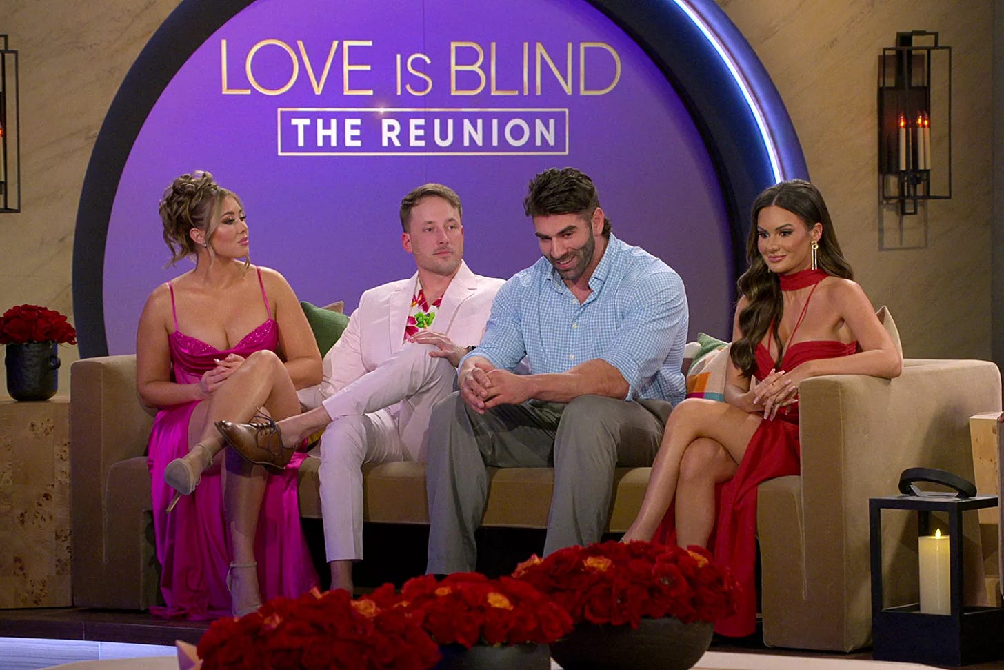 Sarah Ann Bick, Jeramey Lutinski, Trevor Sova, Jessica Vestal in the season 6 reunion of Love is Blind.