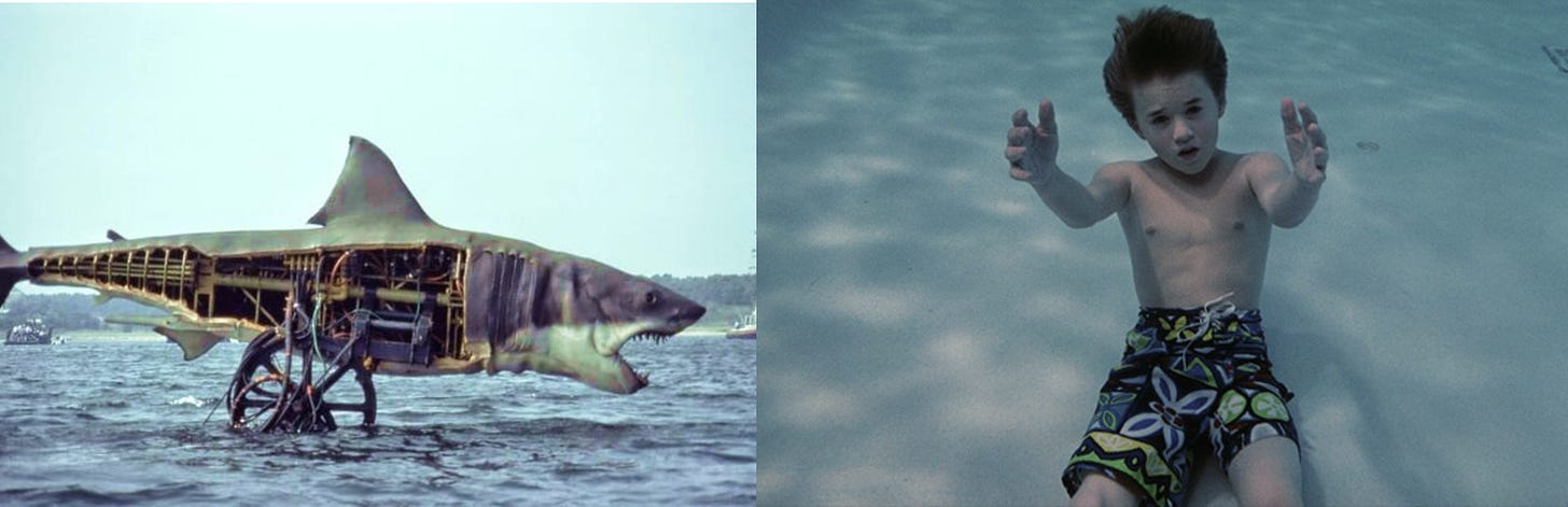 Two images side-by-side. On the left is a mechanical shark suspended above the water (it is the shark used in the movie Jaws). On the right is what appears to be a small boy at the bottom of a swimming pool (it is the robot from the movie AI)
