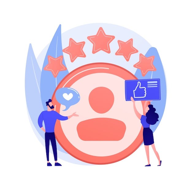 Vector gratuito cuenta personal. comentarios positivos, opiniones de usuarios, estrellas de fidelidad. sitio de citas, ranking de sitios web. mujer evaluando personaje de dibujos animados de la página web.