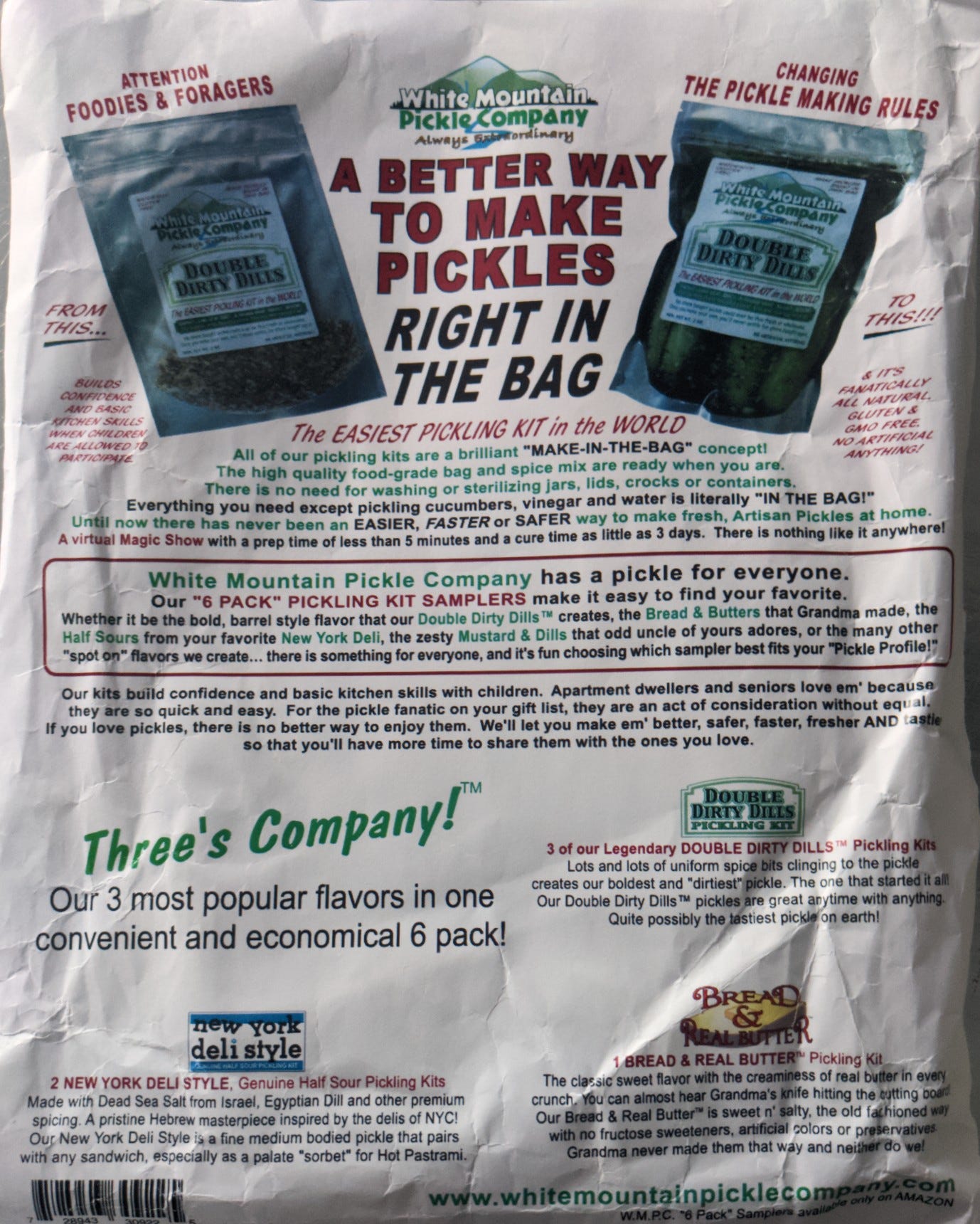 A piece of paper that says "A Better Way to Make Pickles Right in the Bag" and one million other things, there are so many words, sorry. If you want to know what they all are, please email me and I will personally write it out for you.