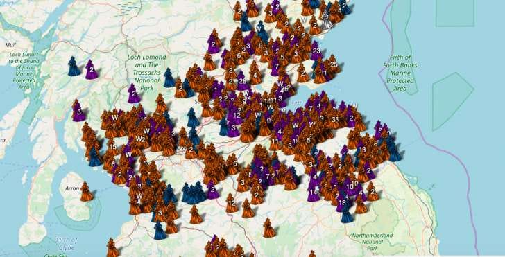 A map of Scotland peoples with small figure in 17th century dresses, each representing groups of people--there are hundreds on the map