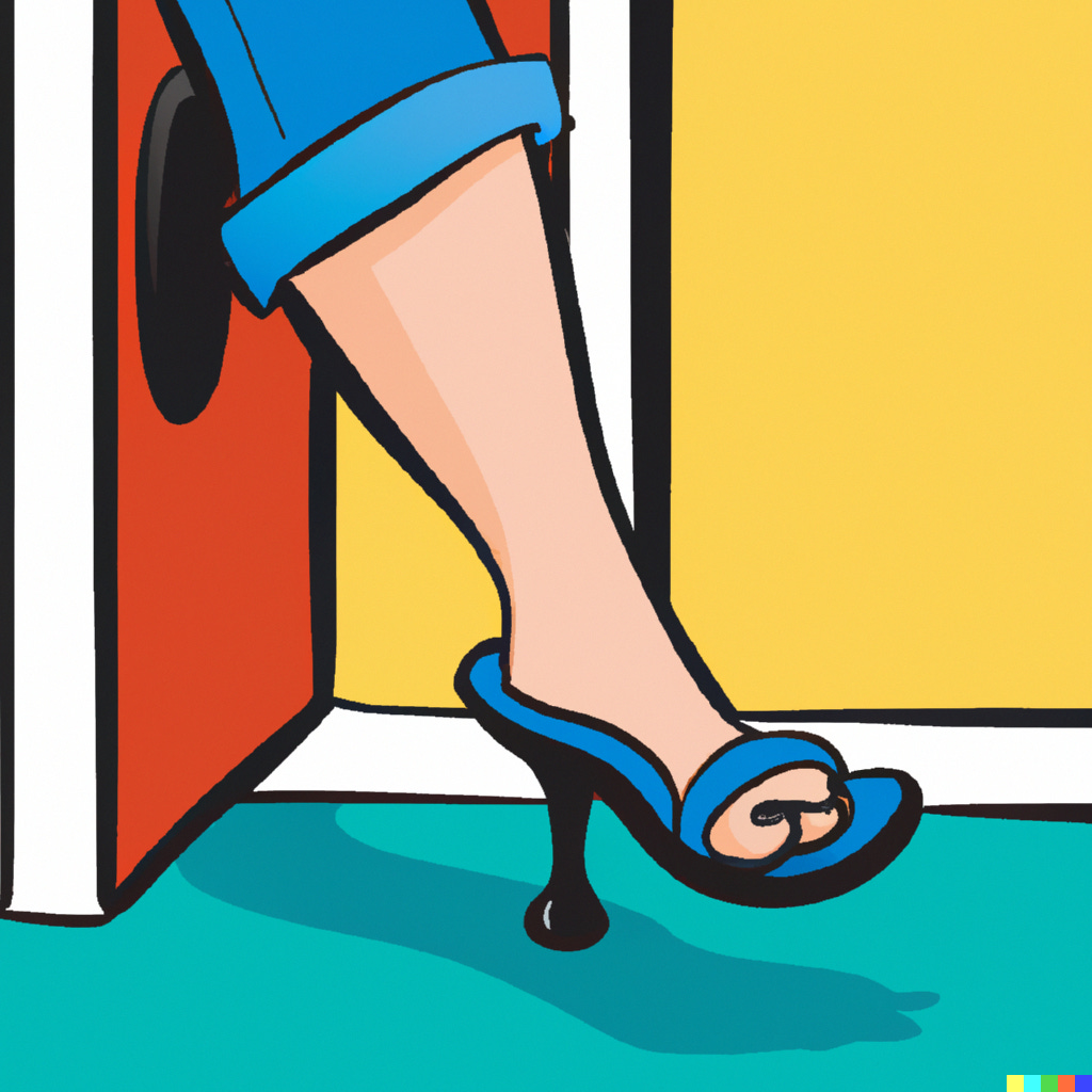 DALL-E A cartoon style image of a person just managing to get a foot in the door, showing just the foot getting in