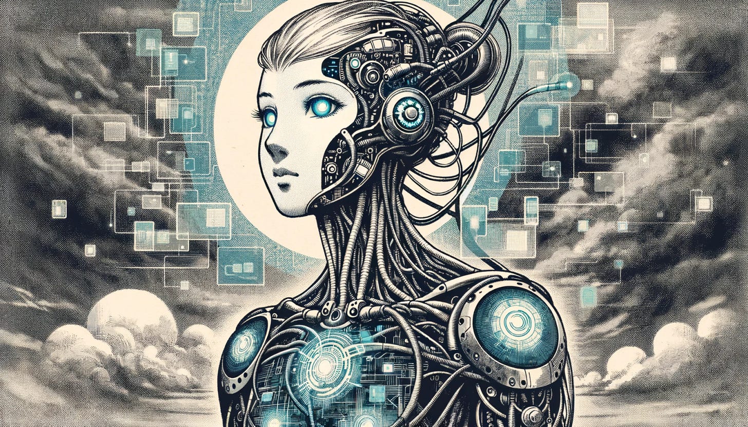 A black and white, old-style manga illustration with subtle color accents in a wide aspect ratio, depicting a futuristic human extended and connected directly to the internet. The character has intricate cables and circuits merging with digital devices, and subtly glowing eyes. Soft blue and green hues highlight the digital elements and eyes, adding a modern touch to the vintage 1960s manga style. The background incorporates abstract digital landscapes, using softer ink strokes and less dramatic shading, enhanced with hints of color.