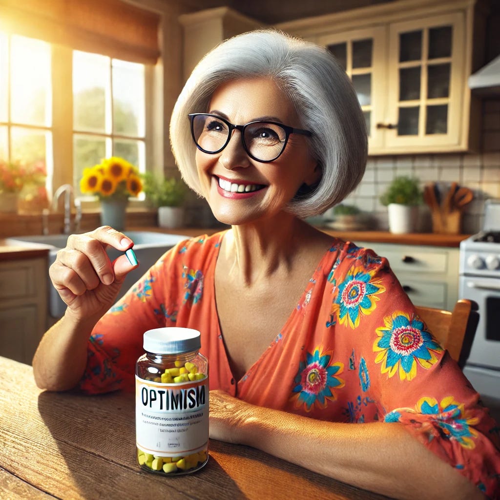 A happy elderly woman with grey hair, wearing glasses and a bright colored blouse, is sitting at a kitchen table. She is holding a supplement bottle labeled 'optimism' and is about to take a pill from it. The kitchen is warmly lit, with a window showing a sunny day outside. There are plants and flowers on the windowsill, adding a cheerful atmosphere to the scene.