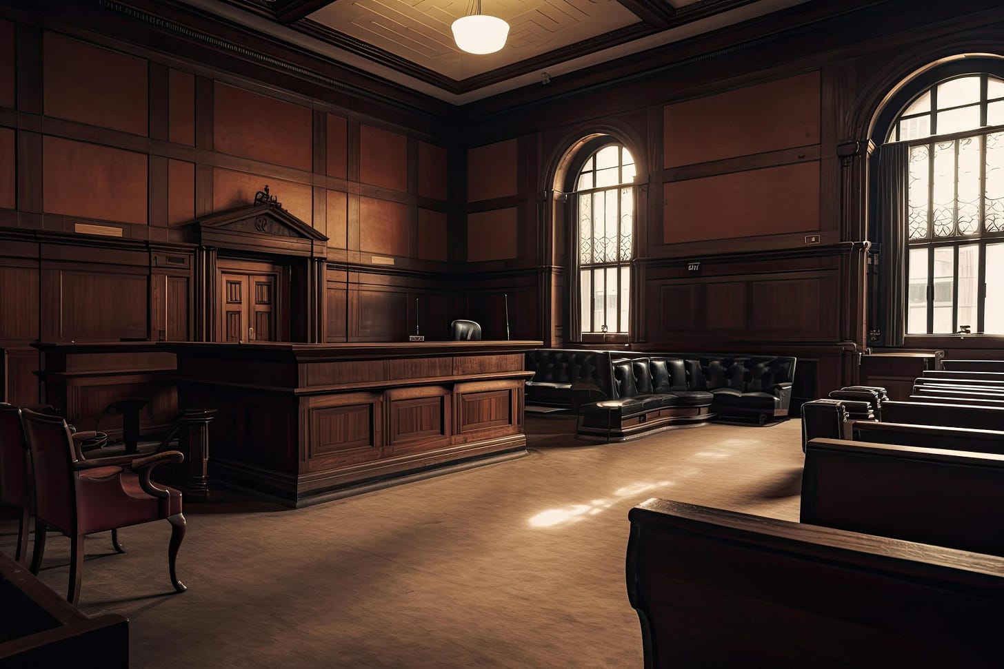 Vintage wooden courtroom interior. 3D Rendering. Retro style. Empty ...