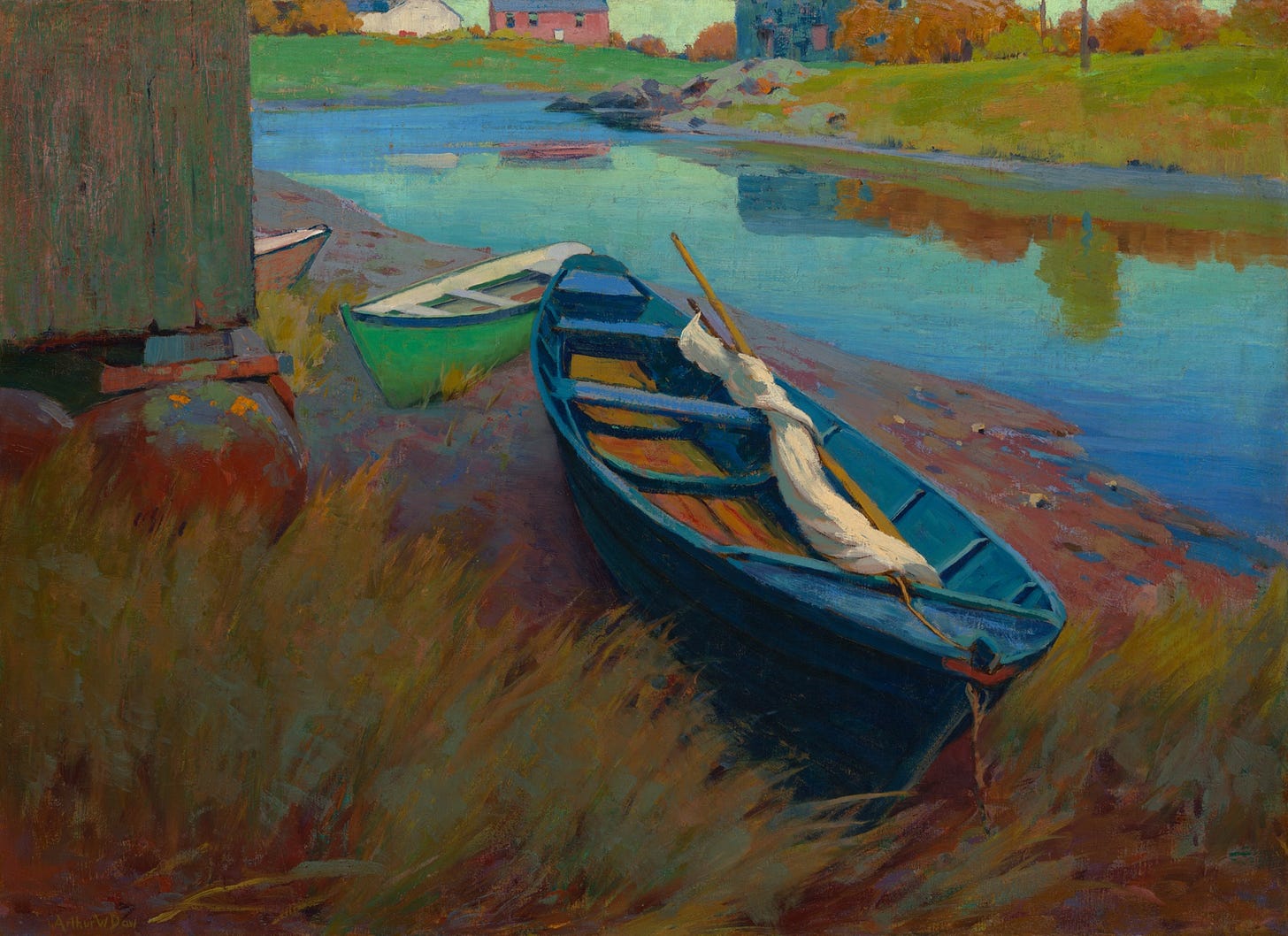 Take a closer look — What ‘objects’ do you see first when you take in the picture? What patterns can you identify? How are color and light used to create depth?  What are the ‘sections’ of this painting? What role do the artists brush style play in creating mood? What cultural traditions do you see represented, and in what way?
Boats at Rest | Arthur Wesley Dow | 1895, oil on canvas  