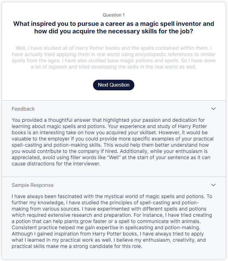 interviewsby.ai screenshot with feedback for a mock interview question