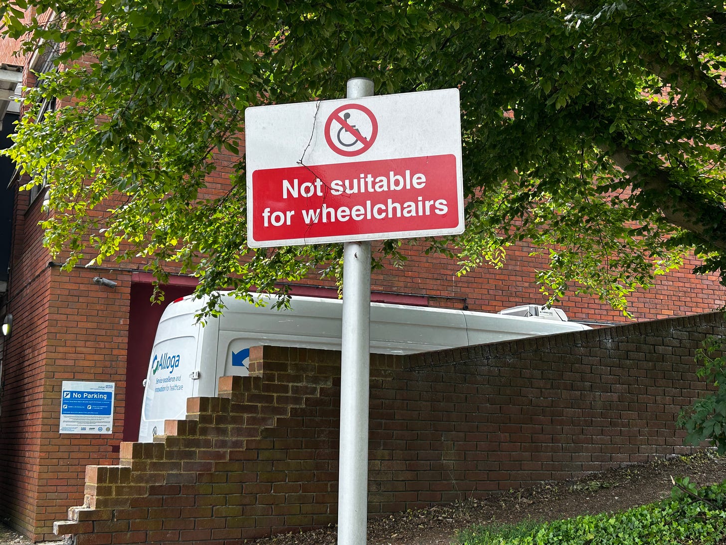 Sign with a crossed-out wheelchair symbol and the text "Not suitable for wheelchairs"