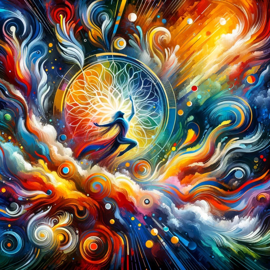 A vibrant and abstract illustration embodying the concept of embracing chaos and unpredictability in life. The scene is filled with a burst of colors and dynamic shapes, representing the energy and movement of living outside the norm. In the center, a figure is depicted in a pose of freedom and celebration, surrounded by swirling patterns and bright splashes, symbolizing the joy of embracing life's unpredictable moments. This abstract representation focuses on the emotional and psychological liberation that comes from breaking free from societal expectations and finding beauty in the dynamic flow of life.