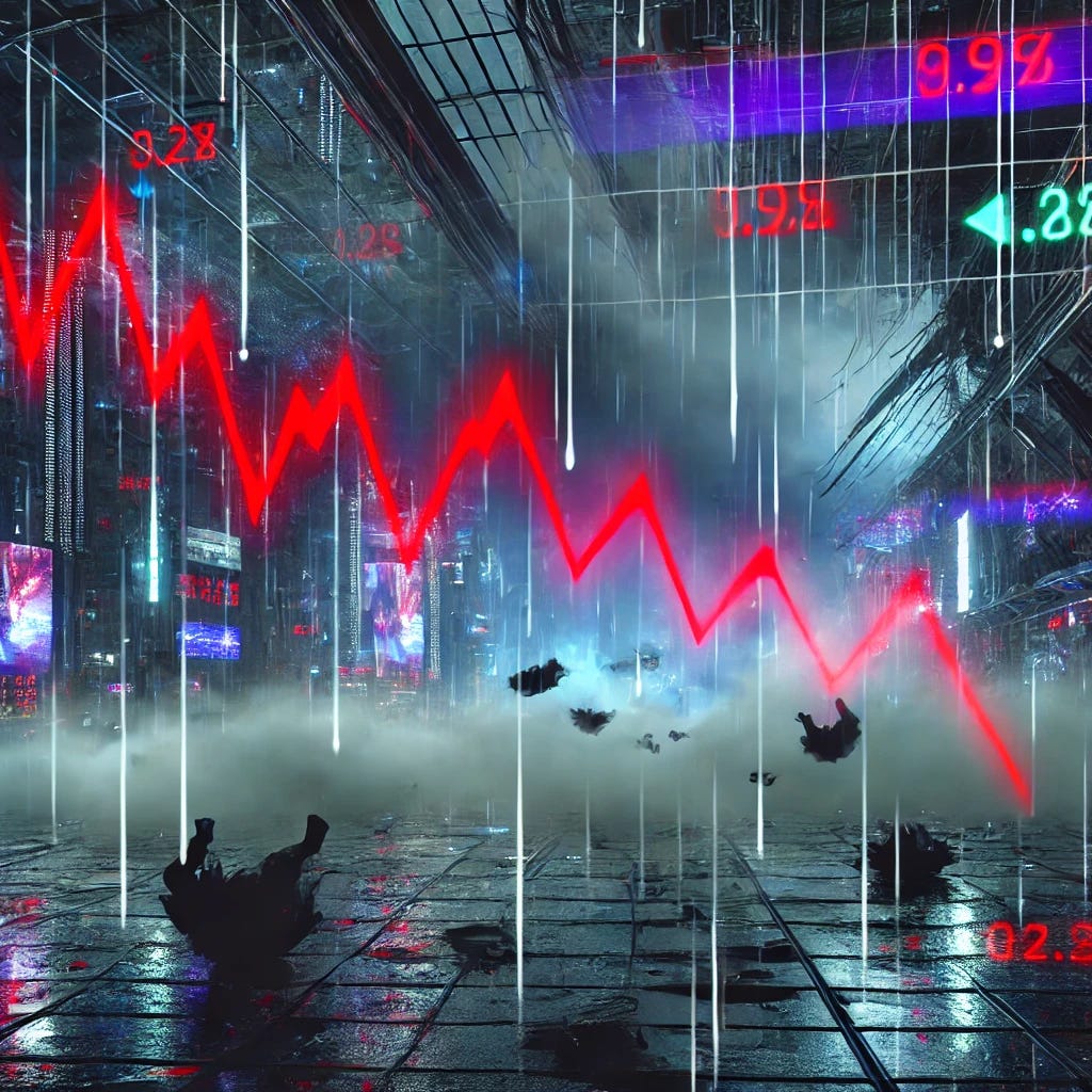 A dystopian cyberpunk stock market crash scene where the stock charts clearly show a steep, jagged drop downward. The stock tickers are all red, with symbols and lines plummeting sharply toward the bottom. The futuristic city is filled with neon lights and holographic ads, with humanoid robots and shadowy figures panicking on the chaotic trading floor. The atmosphere is cold and chaotic, with dark clouds and glitching data representing the market collapse. The entire setting feels apocalyptic, reflecting the extreme financial disaster with stock prices dramatically crashing.