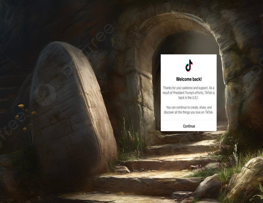 An image of the TikTok notification that they are back online, appearing in the opening of a cave with a giant rock rolled to the side of the opening. The resurrection of TikTok 