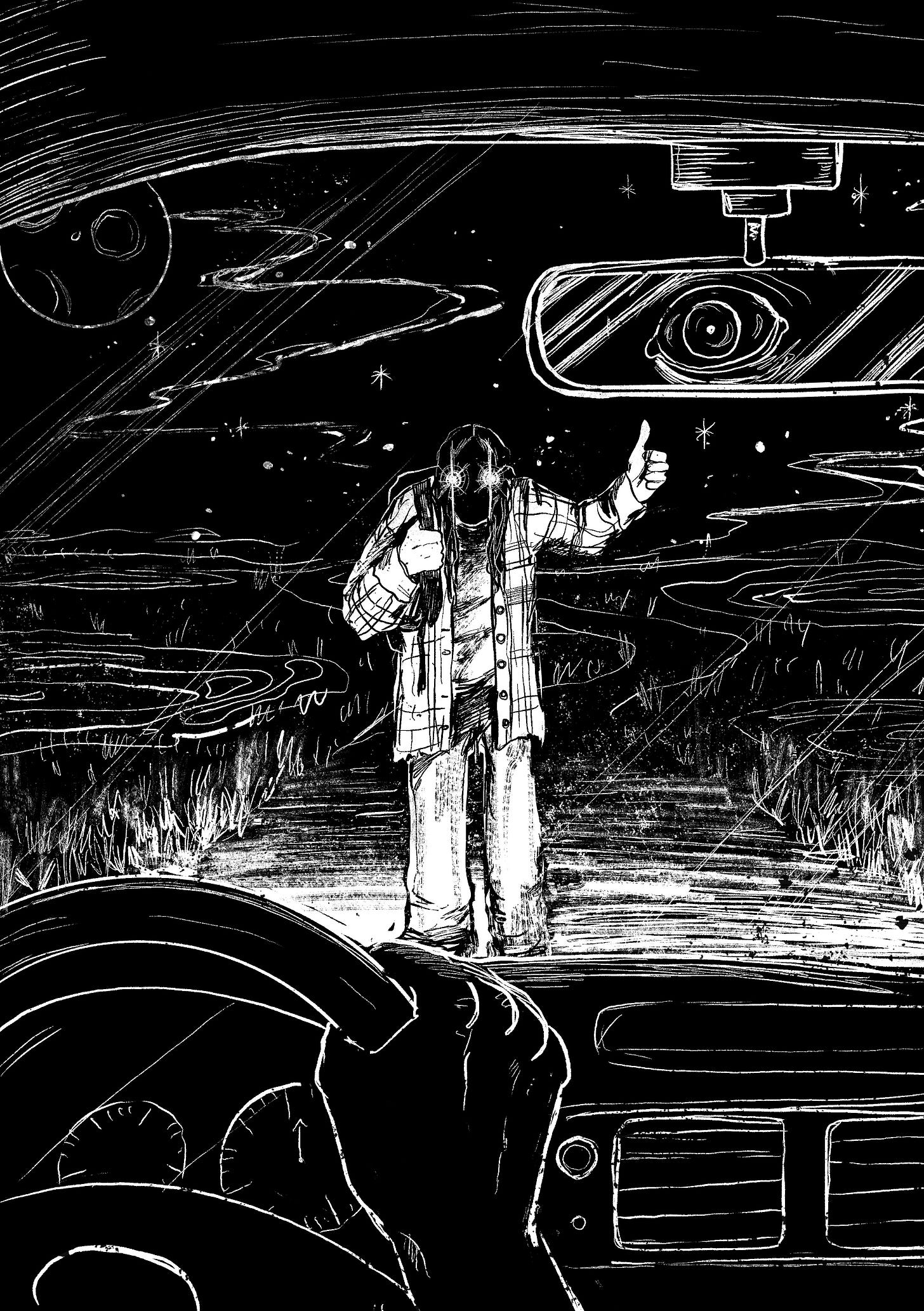 Black and white illustration of a creepy hitchhiker with glowing eyes.