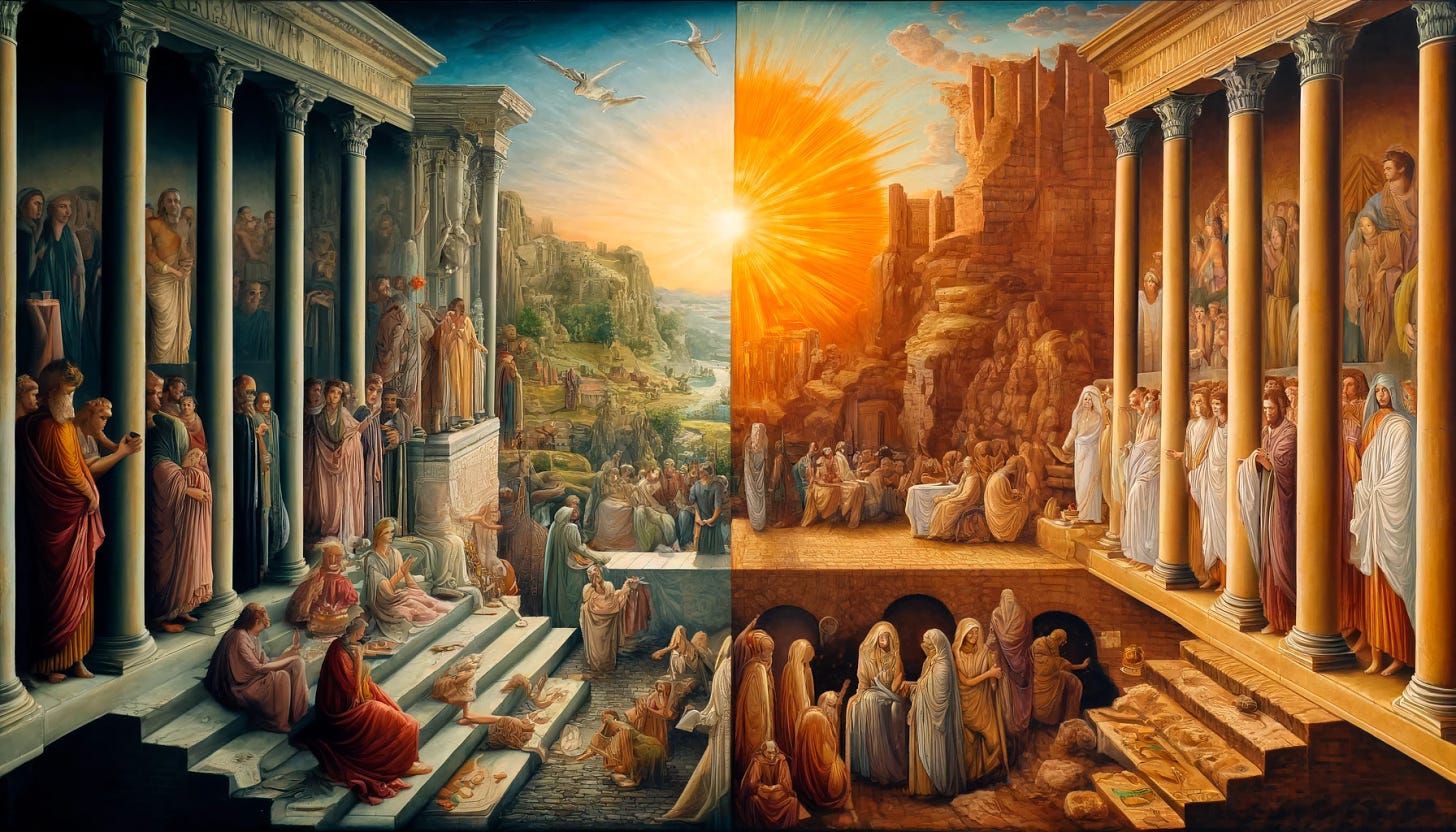 A vivid diptych that artistically represents the transition from BC to AD, capturing the historical and cultural shift before and after the life of Christ. The left panel shows an ancient world scene, characterized by classical architecture, with figures in traditional Roman or Judaean attire engaging in everyday activities, under a palette of earthy tones and a setting sun symbolizing the end of an era. The right panel transitions to the early Christian period, with a brighter, dawn-like lighting reflecting the advent of a new era. It features early Christians gathered in a modest assembly, possibly in a catacomb, with symbols of the Christian faith like the cross or fish, and a sense of communal hope. The central figure, subtly bridging both panels, could represent a timeless observer or a symbolic Christ figure, hinting at his eternal presence. This diptych not only contrasts the two eras in terms of cultural and religious practices but also symbolizes the profound changes brought about by the Christian doctrine of love and redemption, under a dawn of new beginnings.