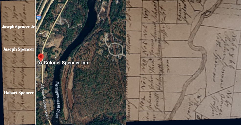 A hand drawn platt map showing Joseph Spencer Jr.'s lot next to his father's, then there is a lot owned by someone else, and then the lot owned by Hobart Spencer. On top of the platt map is a Google Map showing where Colonel Spencer's Inn is located. The river on the Google map does not line up with the river on the platt map and a Google Search indicated the river bed has changed over the years.