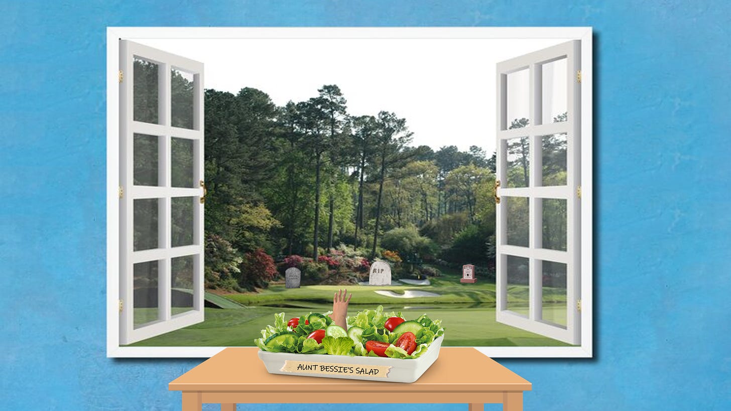 Salad on table, labeled "Aunt Bessie's Salad." Hand sticking out of the salad. An open window looking over a golf course. Three headstones visible in the golf course.