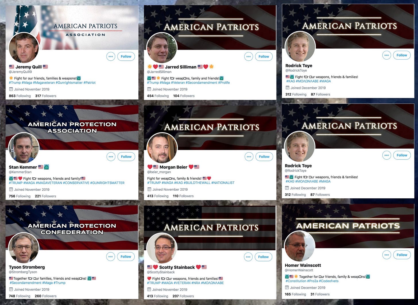 screenshots of the profiles of 9 MAGA Twitter accounts with GAN-generated faces from 2019