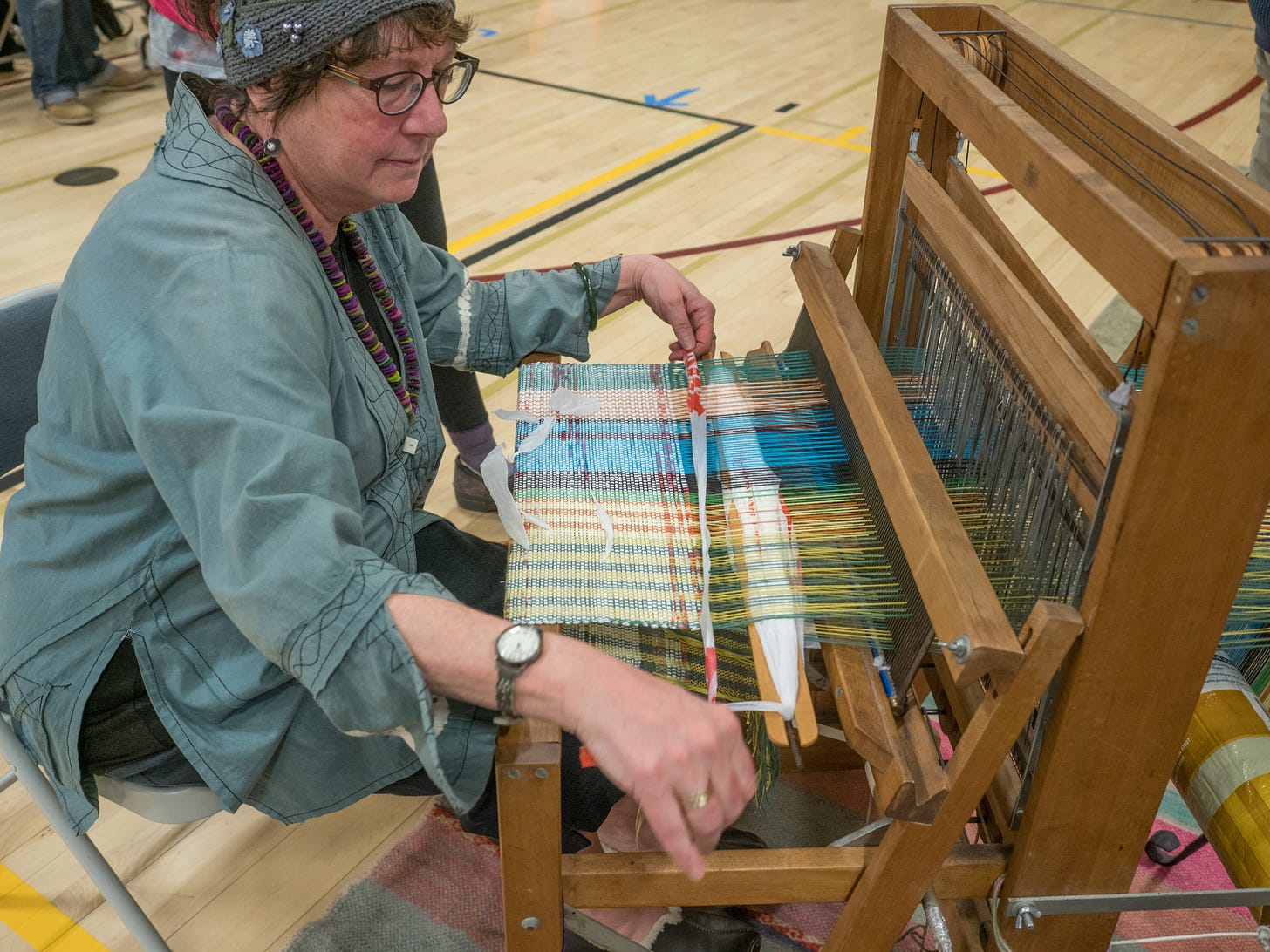 Weaving strips of plastic into bags