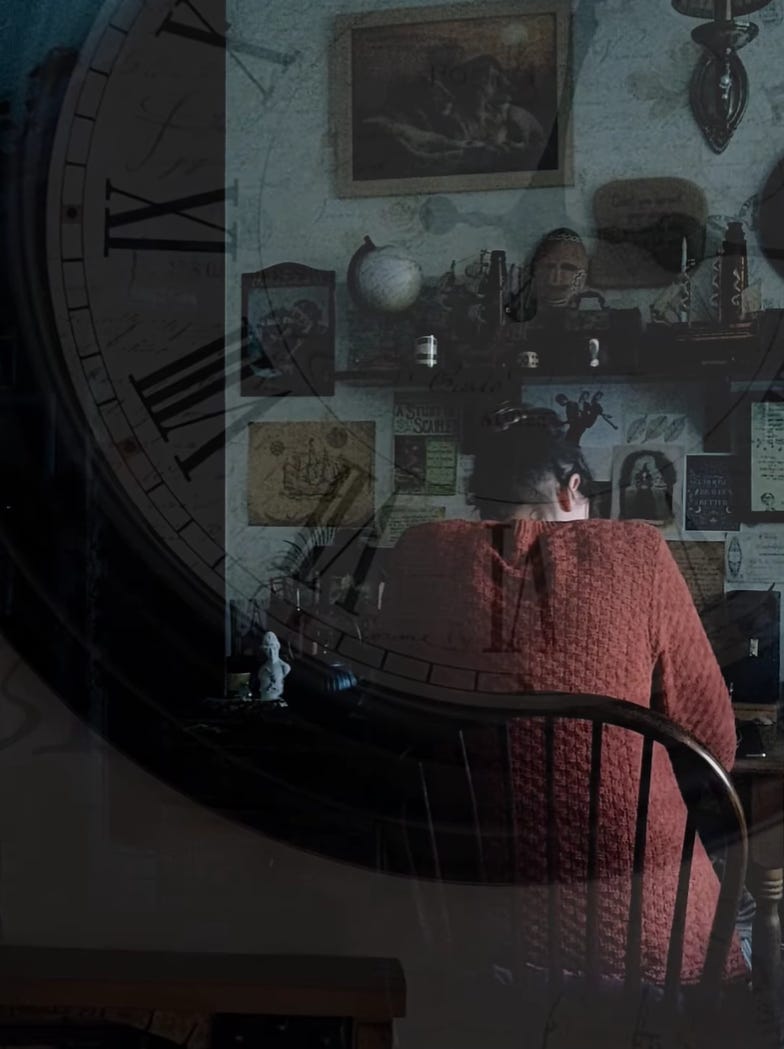 Katie sitting at her desk, with an overlay of a clock face