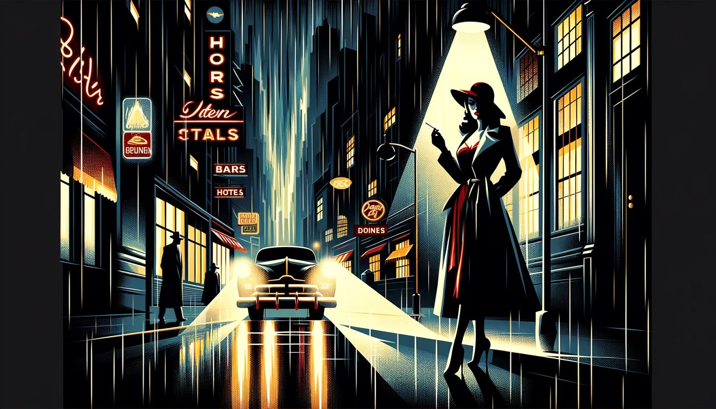 A stylized, abstract version of a dark, rainy street in an American city in the 1950s. Buildings with flickering neon signs advertising bars and hotels line the street. In the center, a femme fatale wearing a red dress and a trench coat stands under the dim light of a streetlamp, her face shadowed. She is holding a cigarette with a confident, enigmatic expression. In the distance, the silhouette of a classic car with its headlights on casts long beams of light in the rain. The atmosphere is somber, with deep shadows and an air of imminent danger.