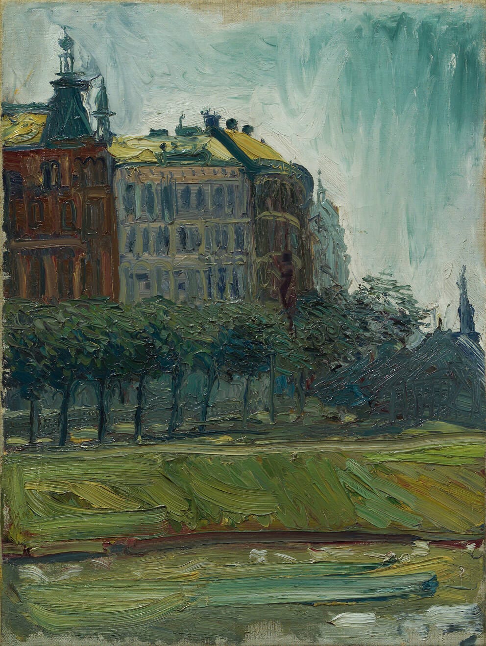 Oil painting depicting a row of residential buildings alongside a canal on a sunny day Oil painting depicting a row of residential buildings alongside a canal on a sunny day