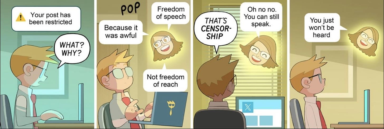 May be an illustration of text that says 'Your post has been restricted POP Freedom of speech Because it was awful WHAT? WHY? Oh no no. You can still speak. THAT'S CENSOR- SHIP You just won't be heard Not freedom of reach'