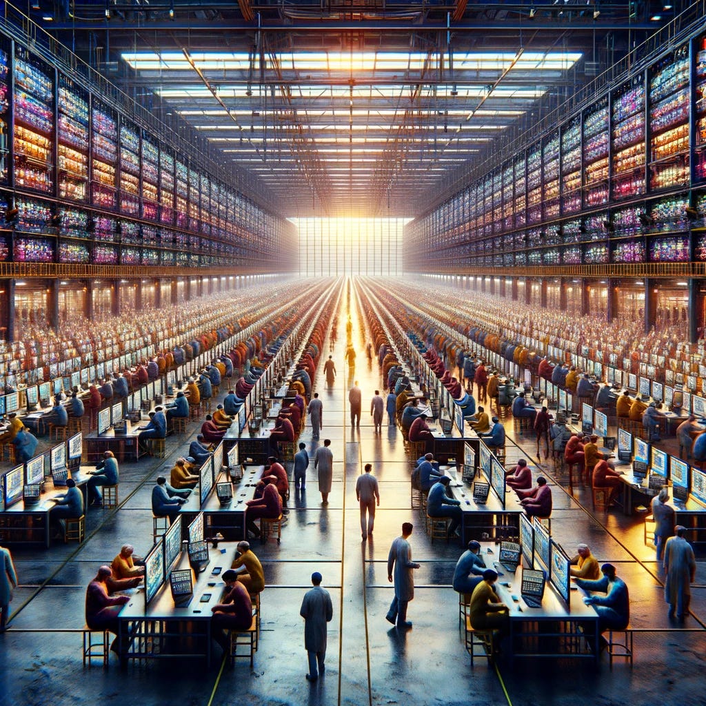 A vast, dystopian warehouse filled with thousands of human workers, each busy at their own station, feeding data into endless rows of computers. The setting is bleak and oppressive, yet paradoxically vibrant and colorful, reflecting the dichotomy of a dystopian world reliant on human labor to satisfy the ceaseless hunger for data by AI models. The atmosphere is one of organized chaos, with a sense of urgency and resignation in the workers' demeanors.