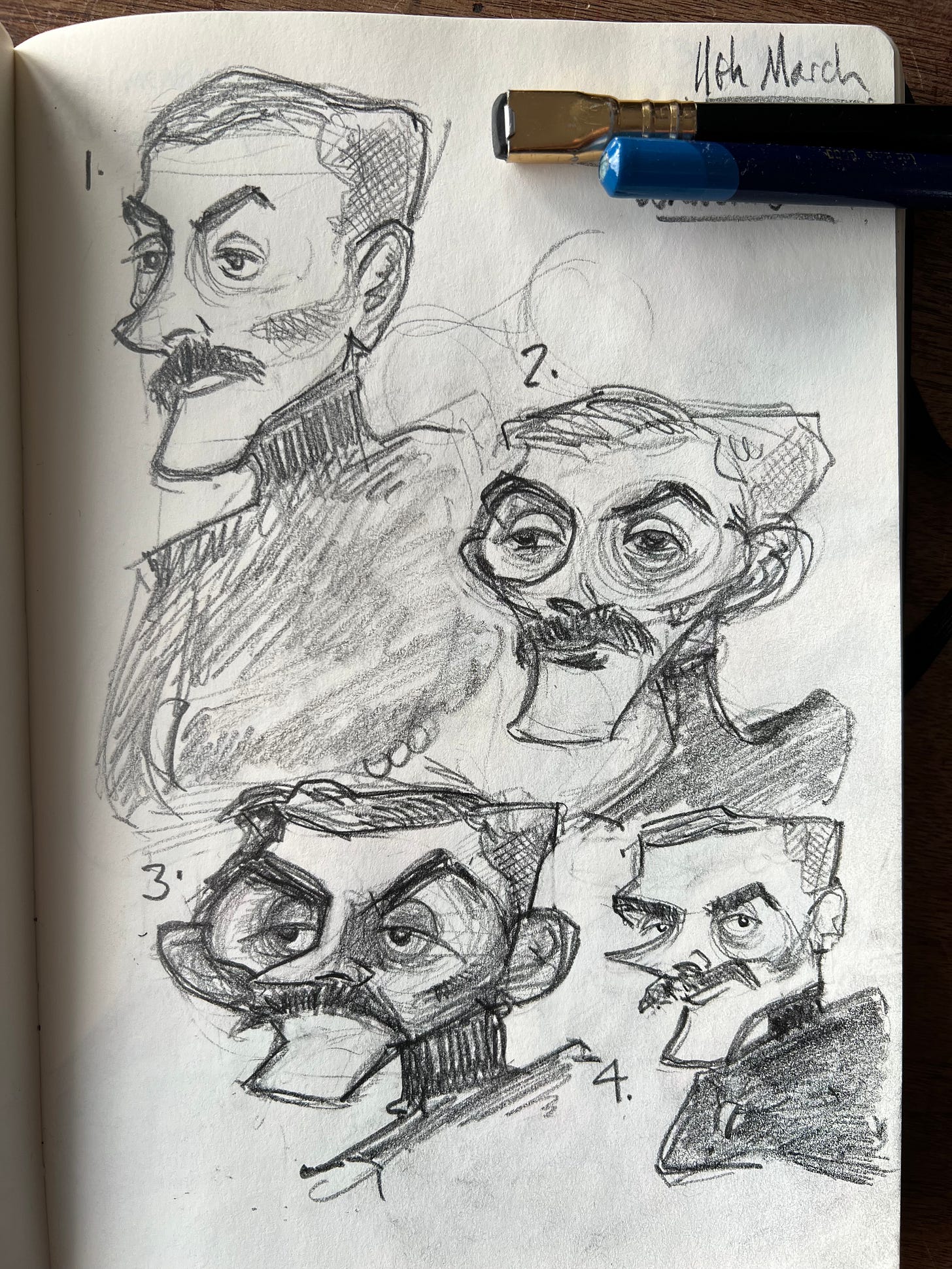 Four rough caricatures of a man with strong eyebrows, cheekbones, and a moustache. The sketches are at varying levels of success, but none of them vary as far up as 'good'. 
