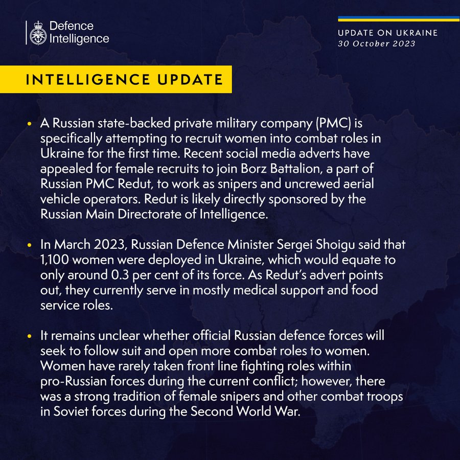 Latest Defence Intelligence update on the situation in Ukraine – 30 October 2023.