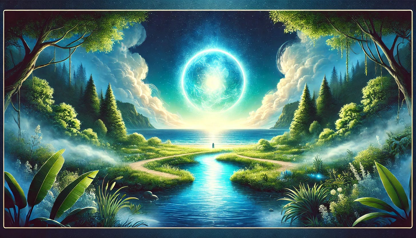 A tranquil 16:9 cover image that fills the entire frame and reflects the theme of miracles and discovery. The scene features a serene landscape with vibrant shades of blue and green, showcasing a peaceful ocean meeting the horizon under a soft blue sky. A lush, green forest frames the sides, and a winding path leads through the greenery toward the ocean. In the center of the path, a glowing, ethereal light symbolizes connection and wonder. The composition fully fills the frame, emphasizing nature's beauty, calmness, and a sense of awe.