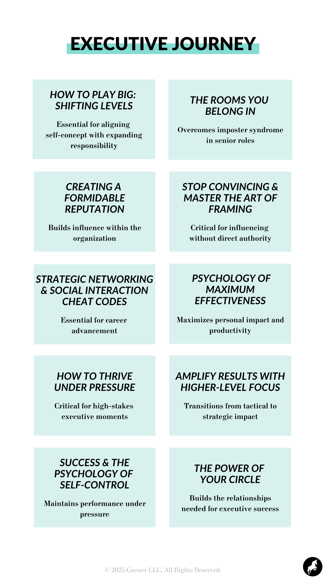 Executive Journey: How to Play Big: Shifting Levels (Essential for aligning self-concept with expanding responsibility); The Rooms You Belong In (Overcomes imposter syndrome in senior roles); Creating a Formidable Reputation (Builds influence within the organization); Stop Convincing & Master the Art of Framing (Critical for influencing without direct authority); Strategic Networking & Social Interaction Cheat Codes (Essential for career advancement); Psychology of Maximum Effectiveness (Maximizes personal impact and productivity); How to Thrive Under Pressure (Critical for high-stakes executive moments); Amplify Results with Higher-Level Focus (Transitions for tactical to strategic impact); Success & The Psychology of Self-Control (Maintains performance under pressure); The Power of Your Circle (Builds the relationships needed for executive success).