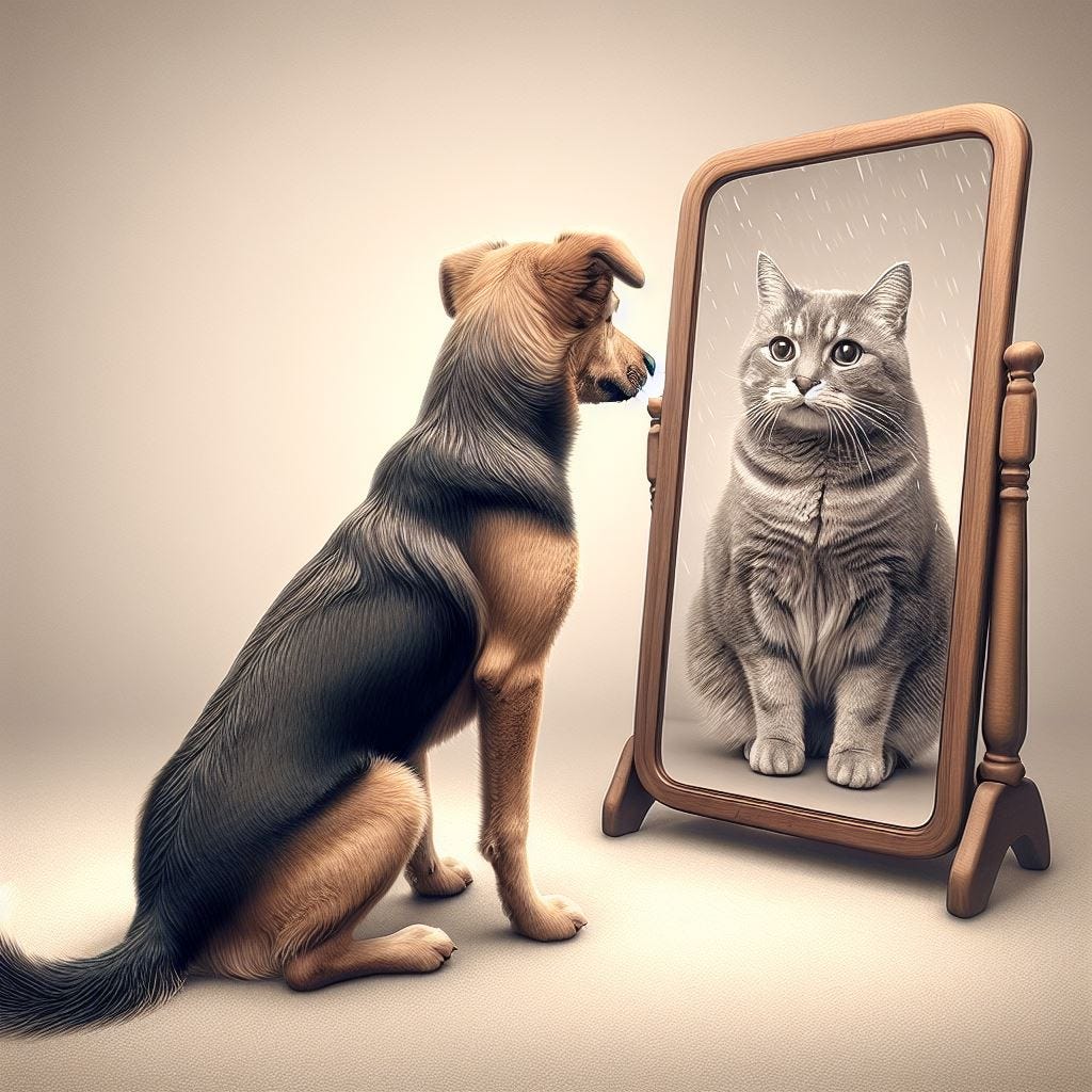 realistic image of a dog looking curiously in the mirror seeing a cat from the perspective of the dog