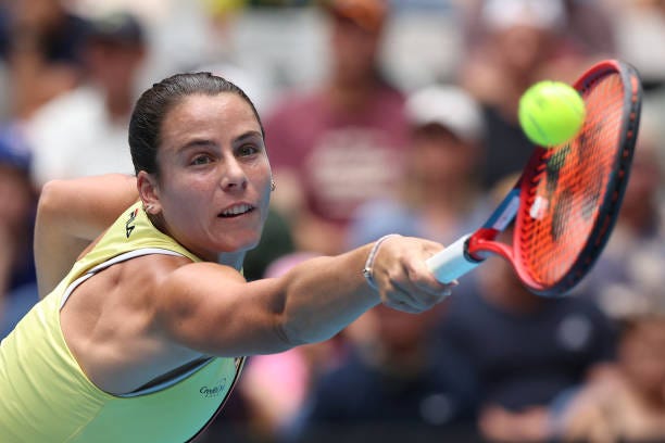 Emma Navarro of the United States plays a backhand in their round three singles match against Dayana Yastremska of Ukraine during the 2024 Australian...