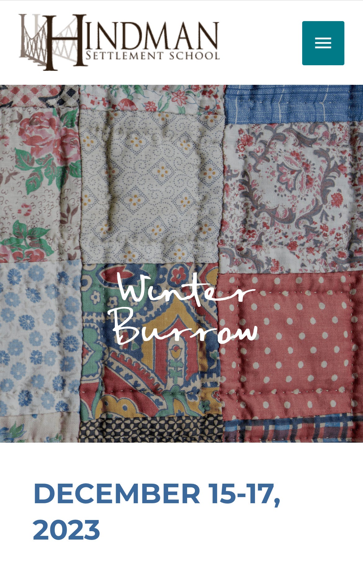 background of a quilt with the words Winter Burrow superimposed and the dates of the conference Dec 15-17, 2023