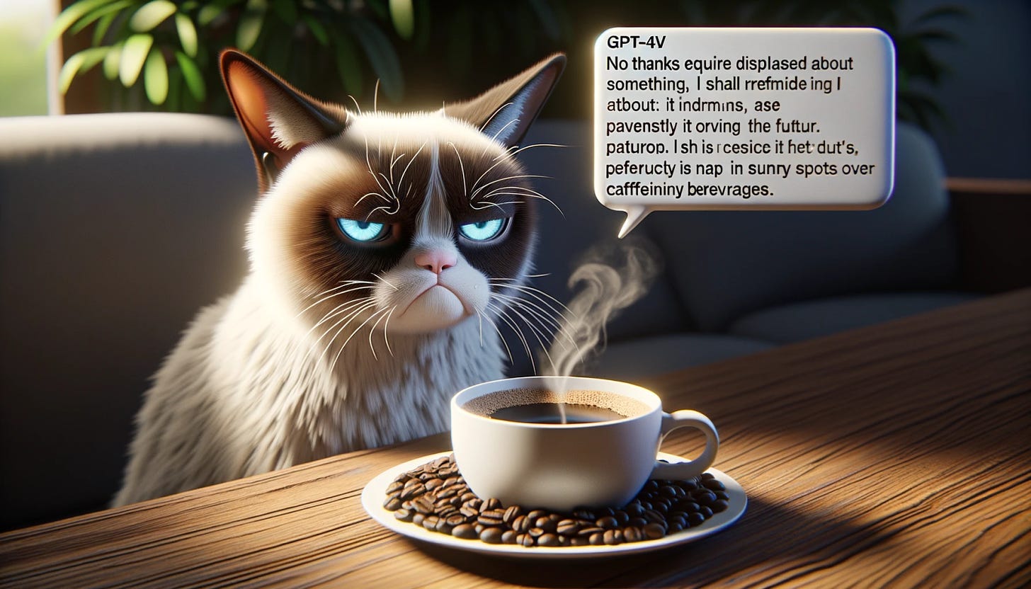 Render of the well-known Grumpy Cat meme with the cat having coffee. The caption 'NO THANKS, I'LL PASS' hovers above. A neighboring chat bubble presents GPT-4V's humorous analysis: 'This feline appears quite displeased about something. I shall refrain from offering it coffee in the future, as apparently it is quite the picky patron. I deduce its preference is napping in sunny spots over caffeinated beverages.' The scene portrays AI's amusing take on meme interpretation.