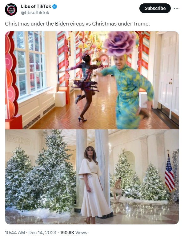 Screenshot of tweet by libs of tiktok reading "Christmas under the Biden Circus vs Christmas under Trump.'  Th top photo shows two dancers in floral themed costumes with big flowers on their heads, and one is a man so it's shocking.