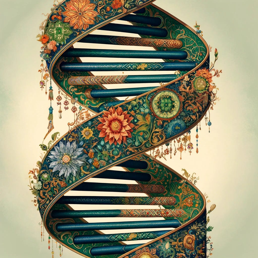 A visually striking wallpaper featuring a right-handed DNA helix, intricately designed with elements inspired by Pakistani culture. The DNA should be adorned with traditional Pakistani patterns, including floral and geometric motifs commonly found in Pakistani textiles and architecture. The color palette should include rich greens, deep blues, and vibrant golds, reflecting the vibrancy and richness of Pakistani art. The background should be subtle, perhaps a soft gradient, to enhance the visual impact of the DNA artwork.