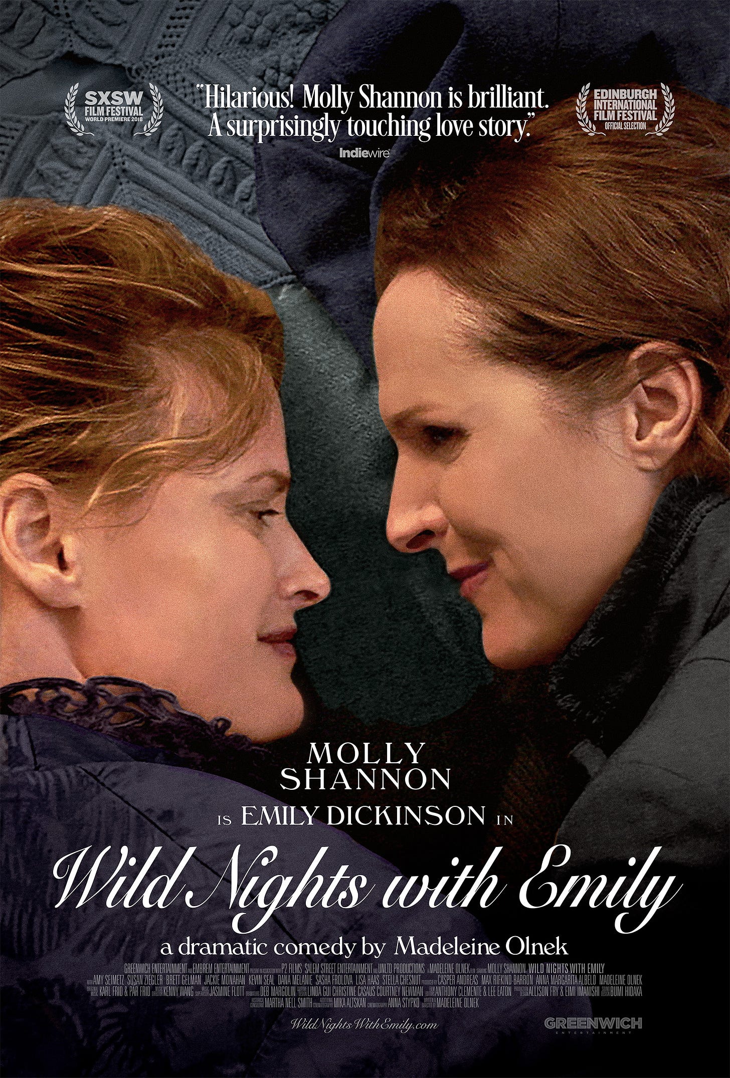Movie poster for Wild Nights With Emily depicting two white women, one with light brown hair one with darker brown hair, looking adoringly at one another