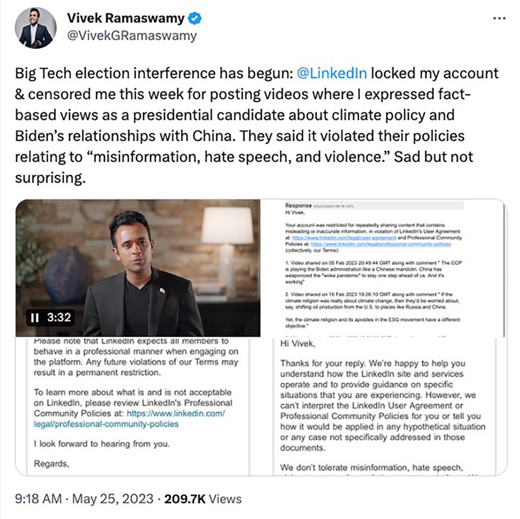 Vivek Ramaswamy, 2024 presidential candidate, reacts to censorship by LinkedIn