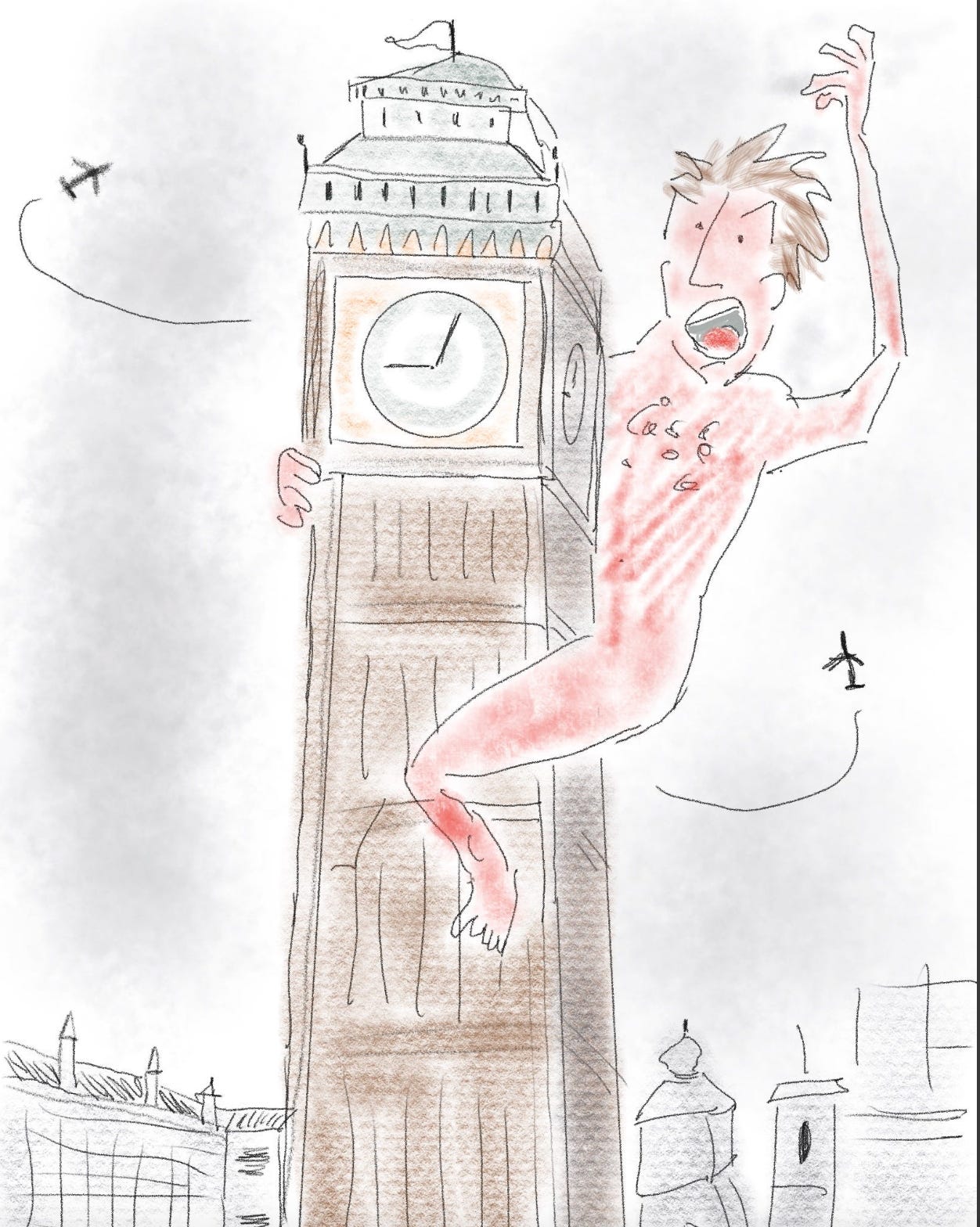 Angry naked man swats at airplanes on Big Ben