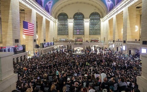 Protesters packed the main concourse at the station